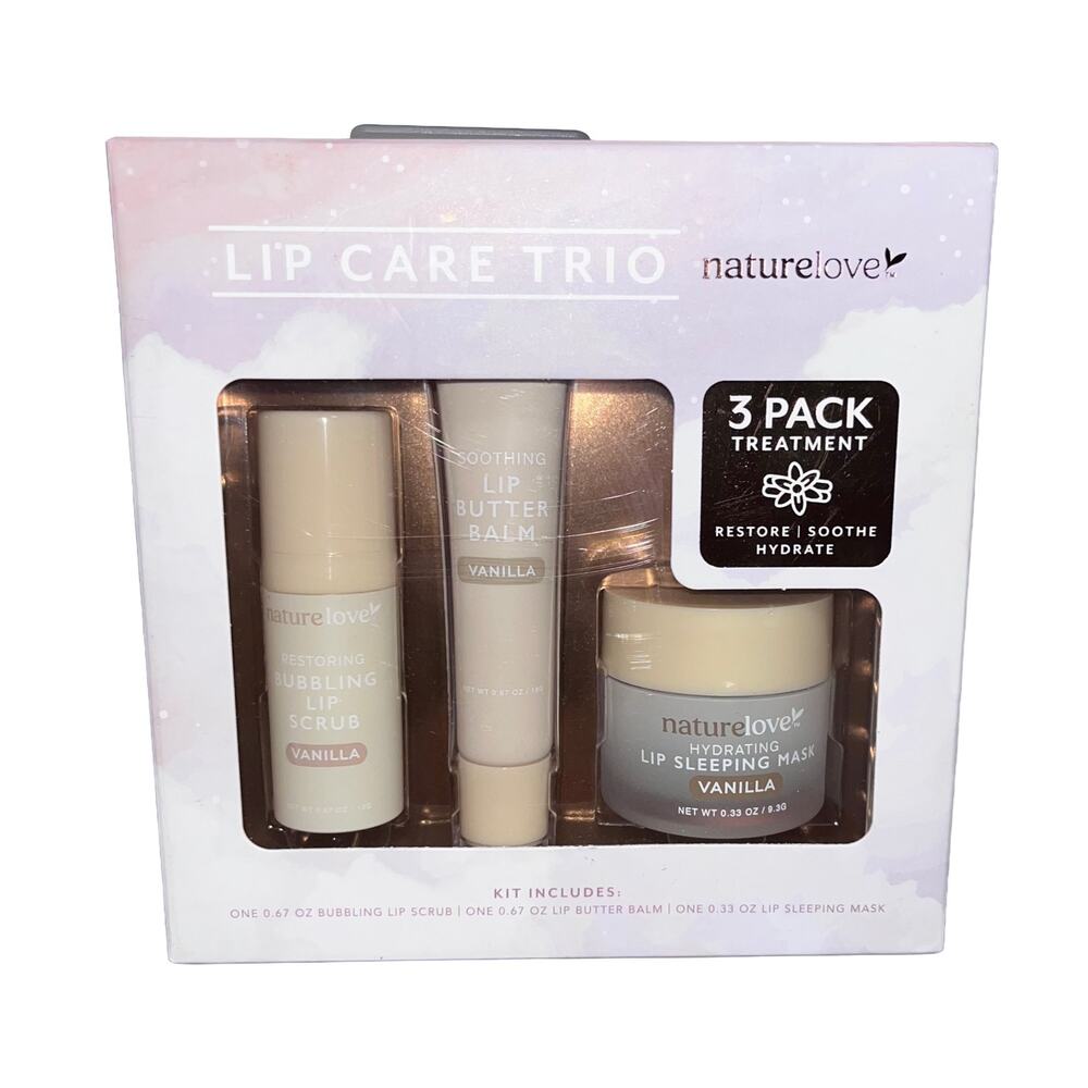 NEW! Nature Love Lip Care Trio Vanilla Scrub, Balm & Hydrating Sleeping Mask